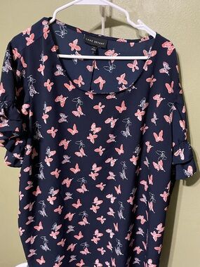 Lane Bryant Navy Blouse with Pink Butterfly Print and Ruffle Sleeves